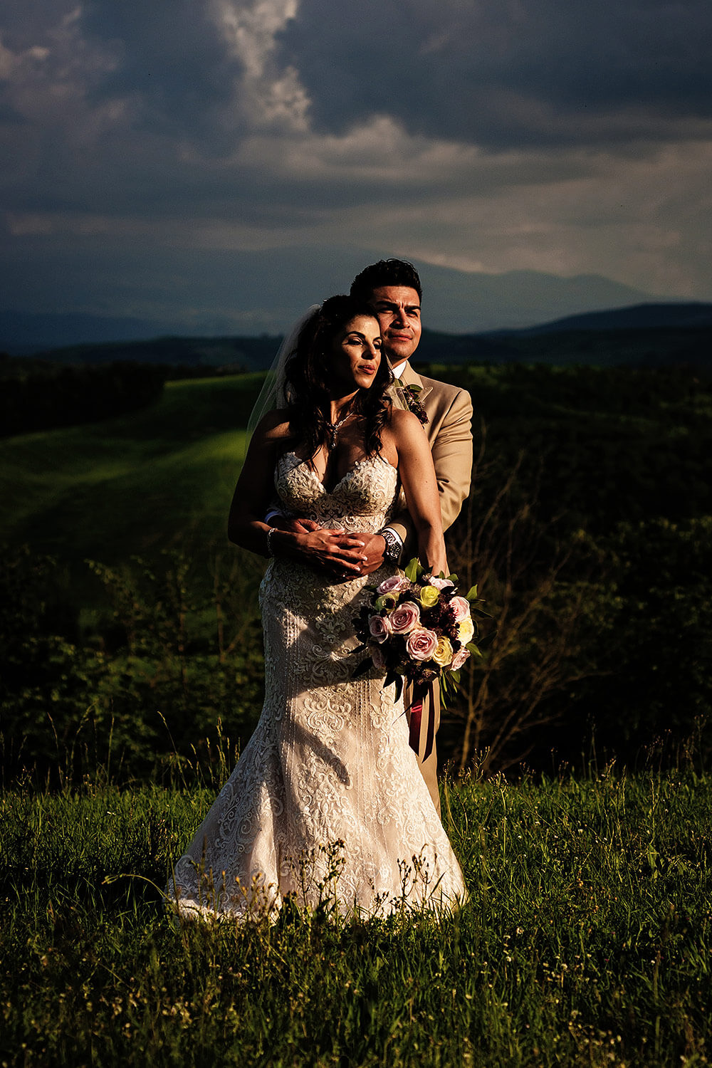 dramatic light: bride and groom portrait in val d'orcia